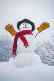 Snow man in winter hat. Christmas background with snowman. Funny snowman in stylish hat and scarf on snowy field. Happy smiling snow man on sunny winter day