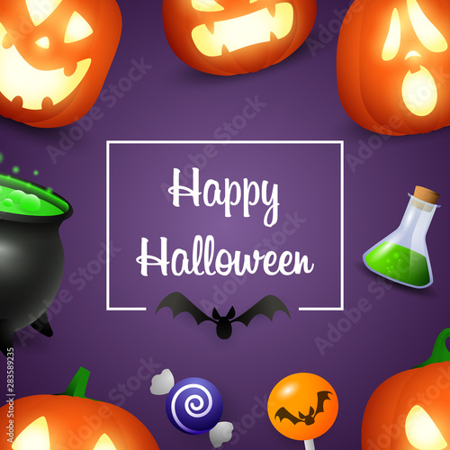 Happy Halloween lettering with pumpkin lanterns