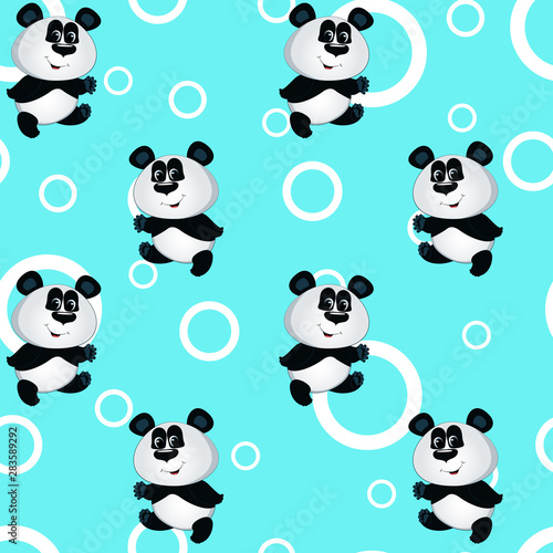 Childish seamless pattern with pandas. Little cute bears and white rings of different sizes on a blue background.
