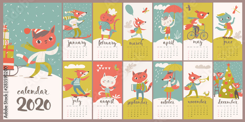 Vector 2020 calendar with funny foxes and cats in flat style