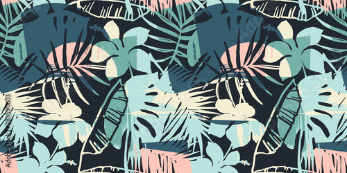 Seamless exotic pattern with tropical plants and artistic background.