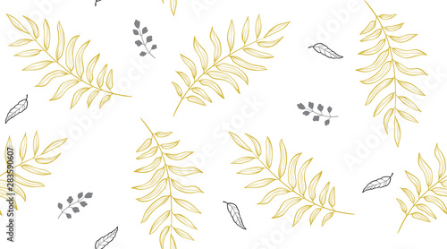 Seamless pattern with golden colored palm leaves, black out line leaves in vector