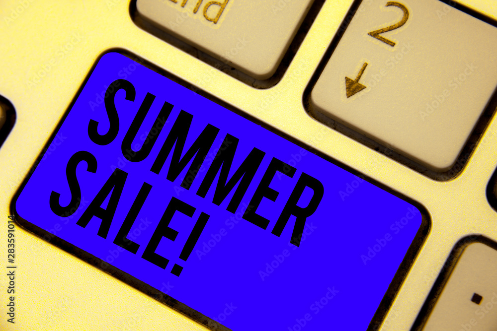 Handwriting text Summer Sale. Concept meaning Annual discount events that takes place during summer season Keyboard blue key Intention create computer computing reflection document Handwriting text Summer Sale. Concept meaning Annual discount events that takes place during summer season Keyboard blue key Intention create computer computing reflection document
