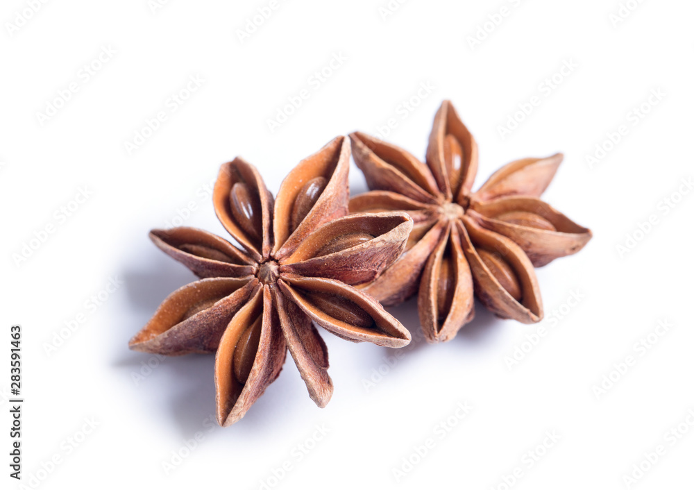 Star anise spice fruits and seeds isolated on white Star anise spice fruits and seeds isolated on white