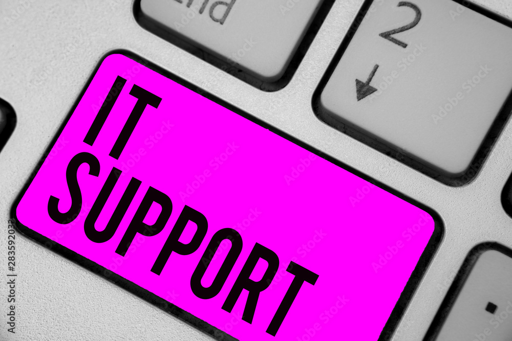 Text sign showing It Support. Conceptual photo Lending help about information technologies and relative issues Keyboard purple key Intention create computer computing reflection document Text sign showing It Support. Conceptual photo Lending help about information technologies and relative issues Keyboard purple key Intention create computer computing reflection document