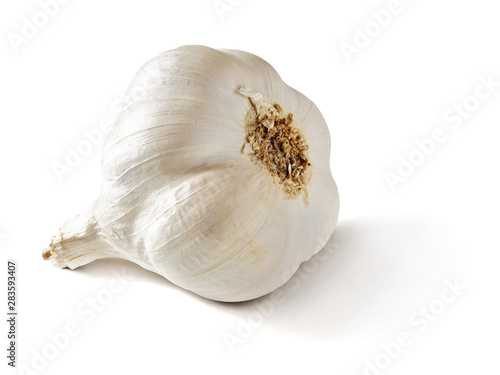 Single garlic bulb isolated on white background