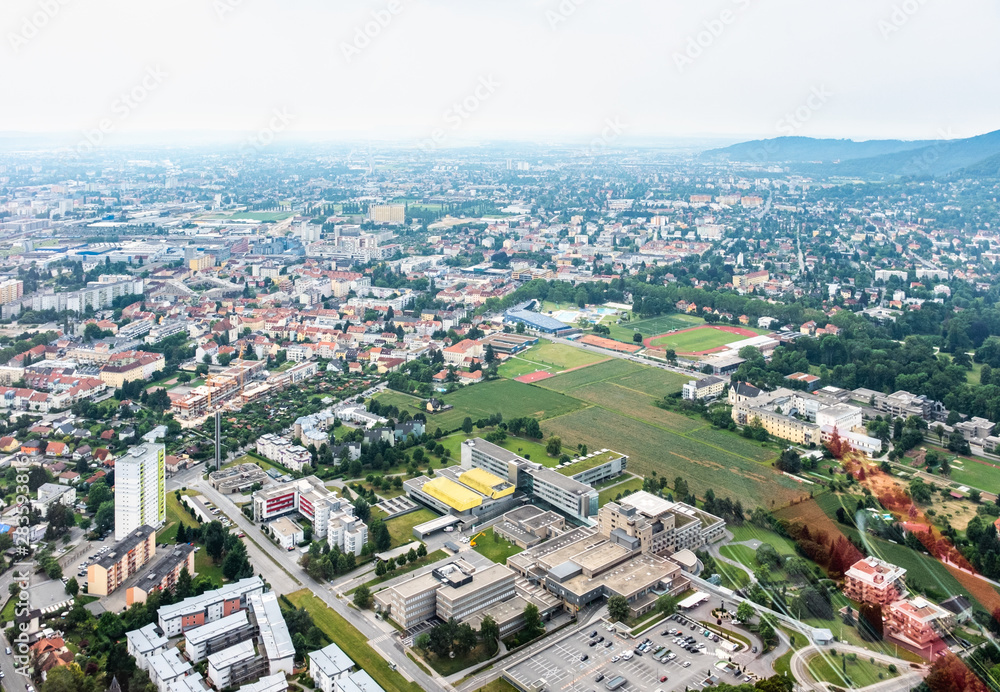 City Graz aerial view with district Gösting and ukh hospital
