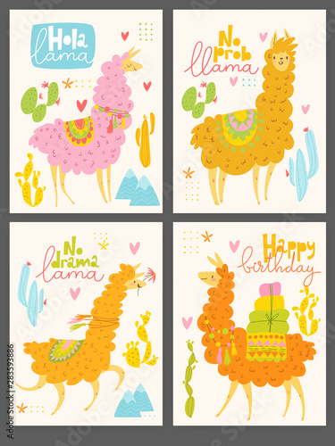 Set of four motivational cards with lama and cactus