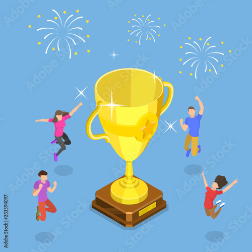 Isometric flat vector concept of team achievement celebrating, successfull teamwork, business winning.