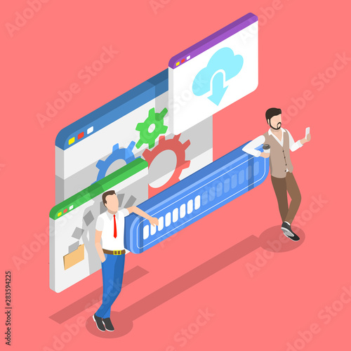 Isometric flat vector concept of data transfer process, system upgrade, file downloading progress.