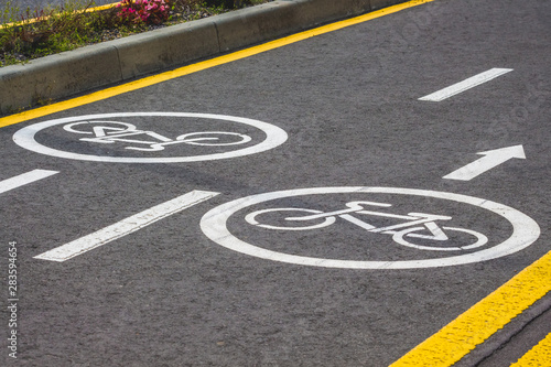 Bicycle asphalt track with markings in a modern European resort_ © Volodymyr