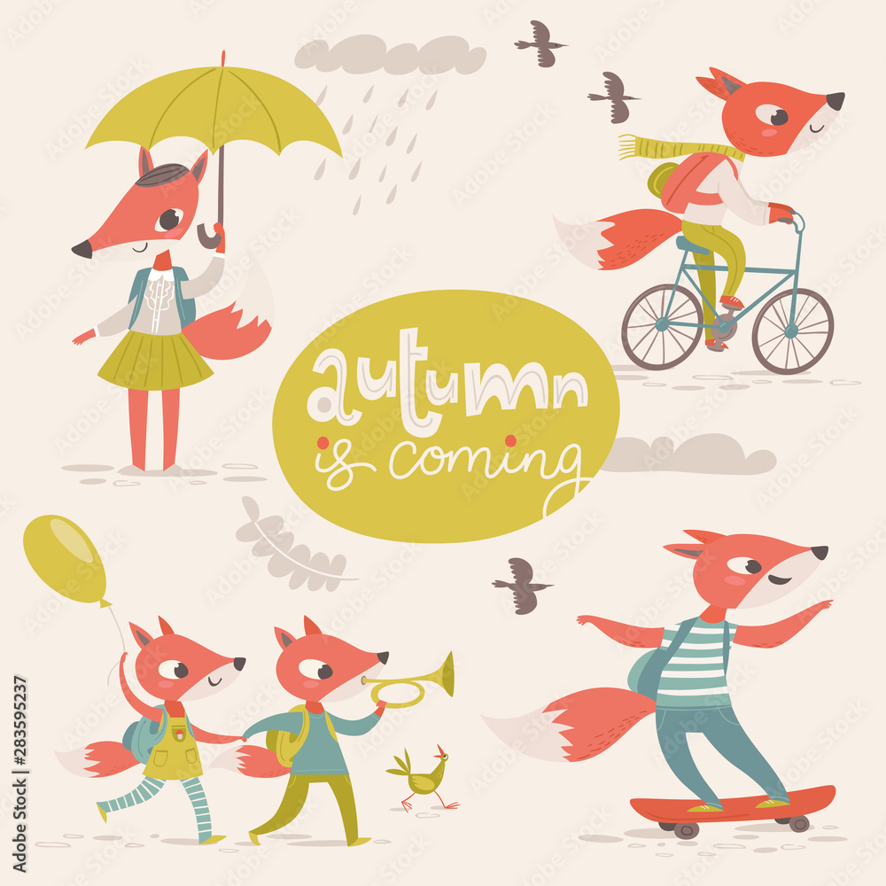 Vector flat retro style autumn card with cartoon foxes. Vector flat retro style autumn card with cartoon foxes.
