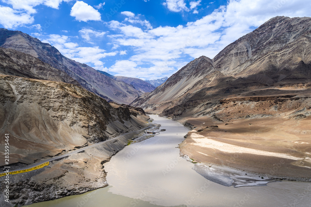 View of confluence of the Indus and Zanskar Rivers in Leh, Ladakh region, India