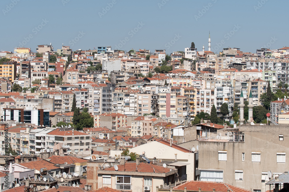 View of upper parts and local houses of Konak district in seen from Asansör viewpoint in Izmir, Turkey.