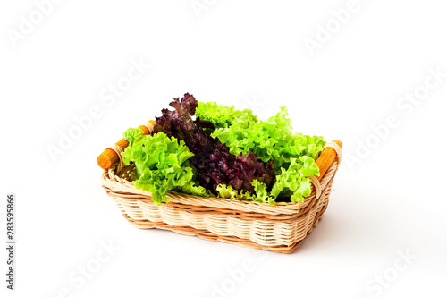 Fresh lettuce leaves in a wicker basket on a white isolated background