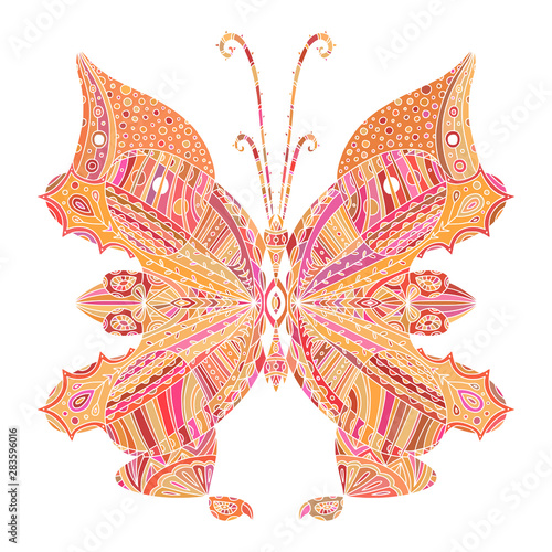 Butterfly illustration in orange and pinkcolors. Summer interior print. Childish t-shirt design with butterfly. photo