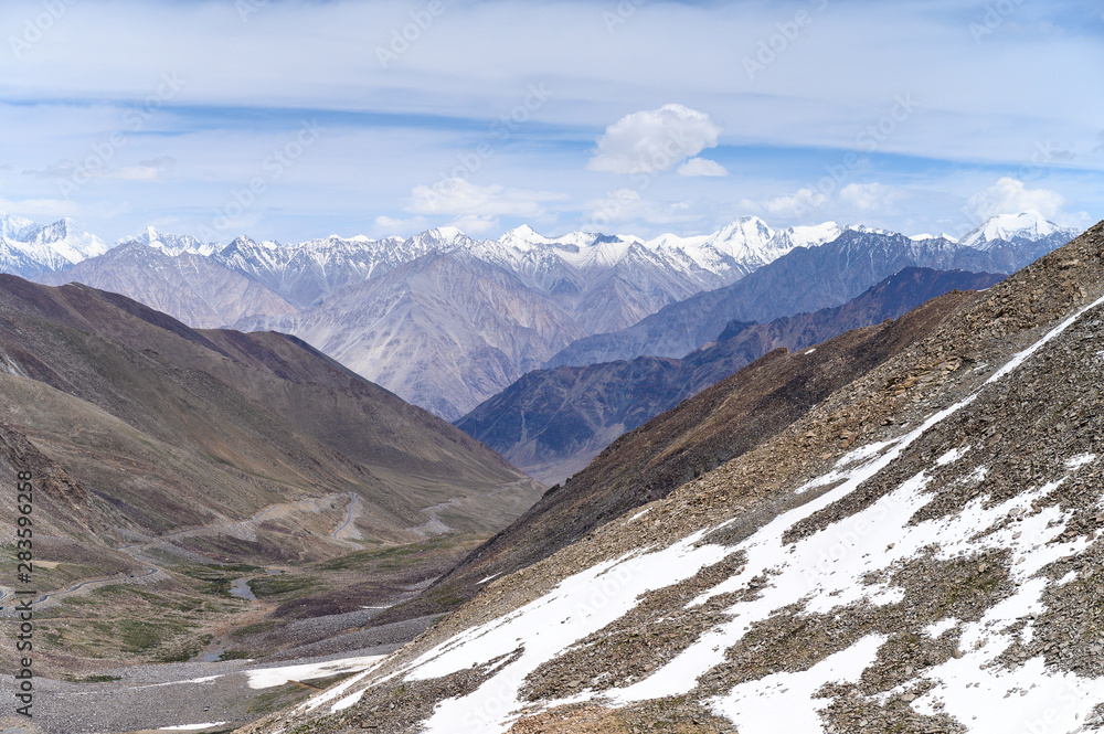 Karakoram mountain range view from Khardung la road in diskit, Ladakh region, India Karakoram mountain range view from Khardung la road in diskit, Ladakh region, India