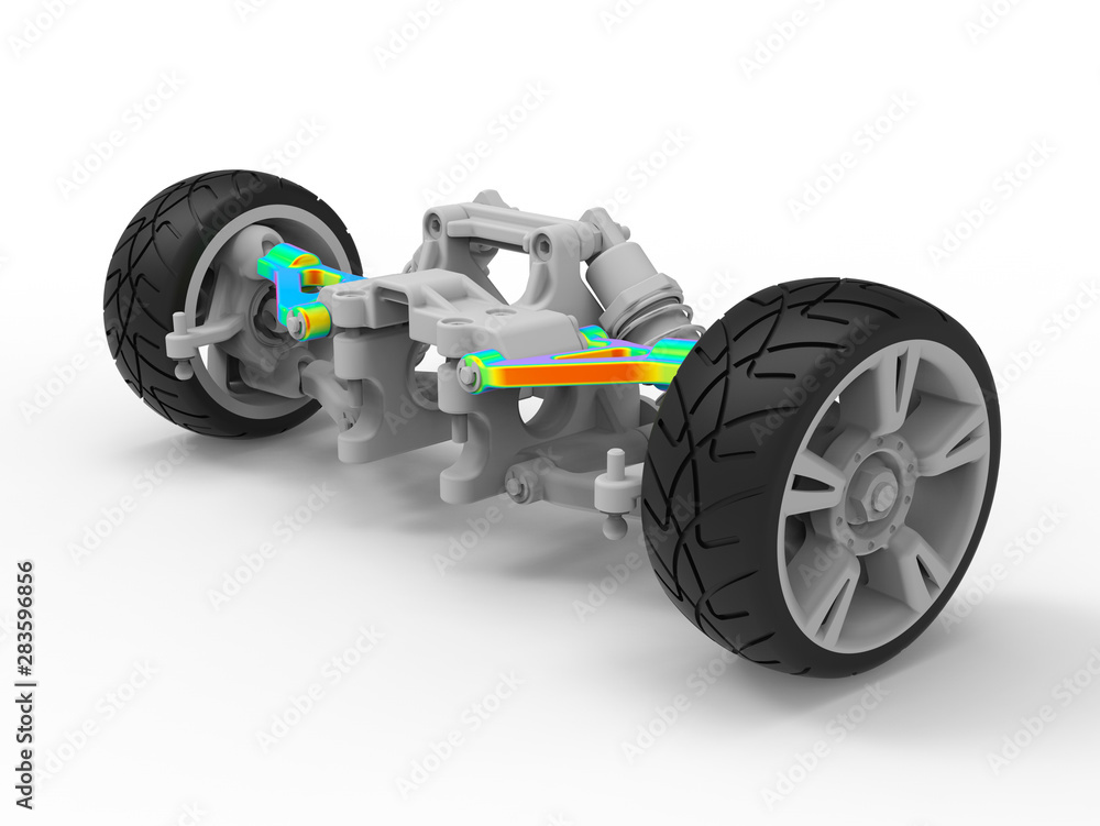 3D rendering car front suspension bracket stress analysis Stock