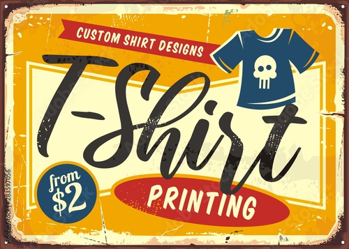 T shirt printing service shop sign. Retro store sign with tee and creative typography. Vector illustration.