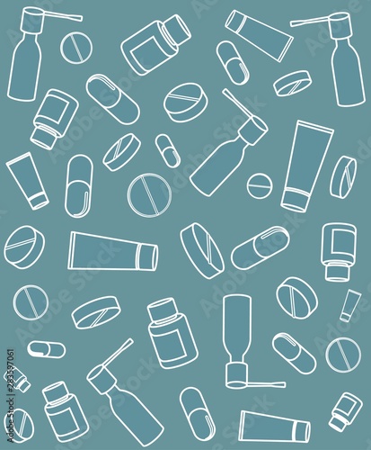 drugs, medicines icon.patern, wrapping paper, box with medicines. flat design use in print. vector image.