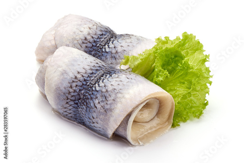 Tableau sur toile Salted herring rollmops, isolated on white background