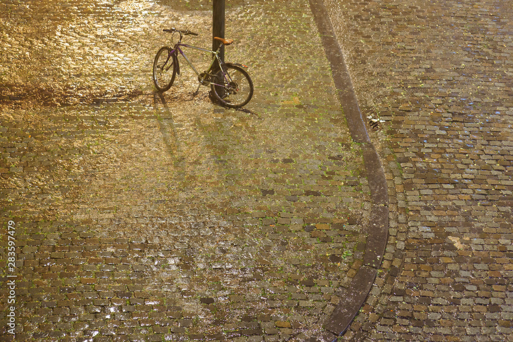 Rain in the Brussels. View of the Brussels street at night summer time. Wet  pavement and alone bike getting wet here. High resolution photo. Stock  Photo | Adobe Stock
