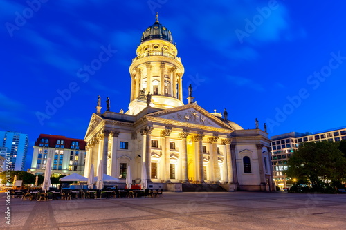 New Church (Deutscher Dom or Neue Kirche) on Gendarmenmarkt square at night, Berlin, Germany 