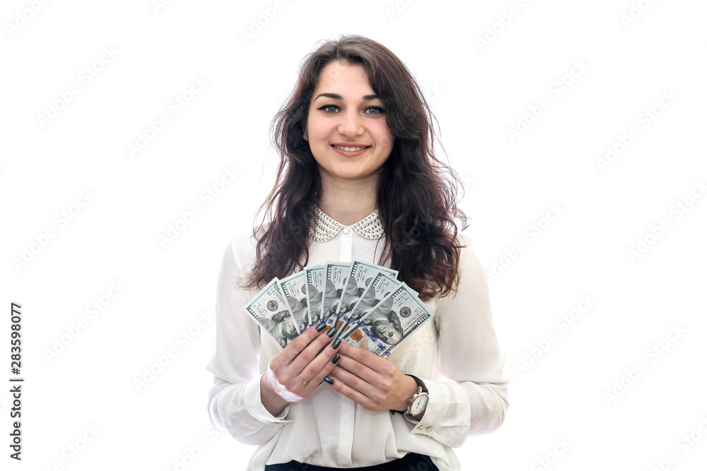 Female hands offering dollar banknotes close up