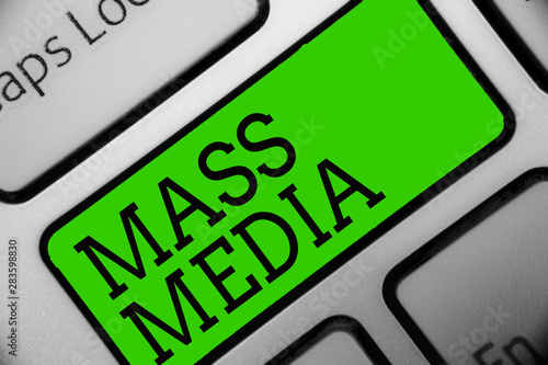 Text sign showing Mass Media. Conceptual photo Group people making news to the public of what is happening Keyboard green key Intention create computer computing reflection document photo