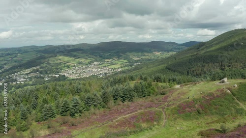 Aerial Flight Over Cloughmore Stone area, Kilbroney Park,countryside Northern Ireland. Hiking And Tourism Concept photo