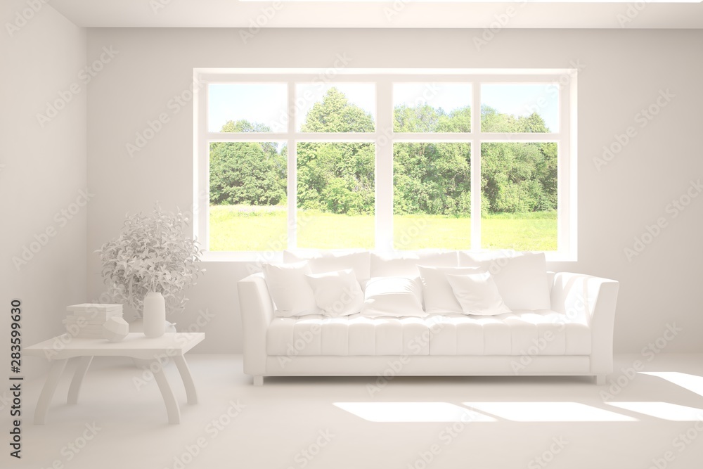 Mock up of stylish room in white color with sofa and green landscape in window. Scandinavian interior design. 3D illustration
