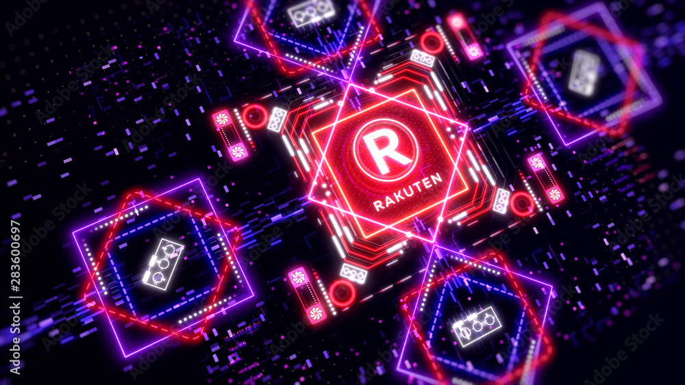 Rakuten coin digital currency sign on the digital background. Financial theme Rakuten coin digital currency sign on the digital background. Financial theme