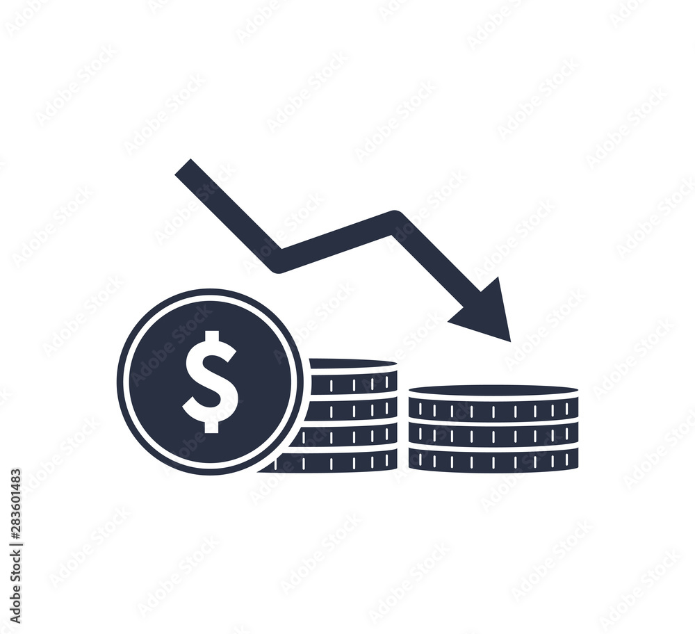 Money reduction line icon. Stacks of coins, cash, graph, arrow down. Investment concept. Vector illustration Money reduction line icon. Stacks of coins, cash, graph, arrow down. Investment concept. Vector illustration