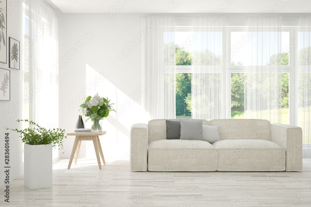 Stylish room in white color with sofa and summer landscape in window. Scandinavian interior design. 3D illustration Stylish room in white color with sofa and summer landscape in window. Scandinavian interior design. 3D illustration