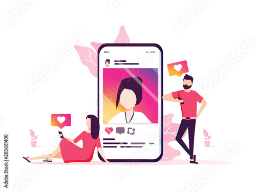 social media marketing vector concept illustration, happy woman and men give like comment on social network