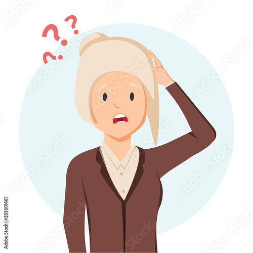Old woman suffering from the memory loss. Confused person with question mark above. Dementia, alzheimer disease symptom.