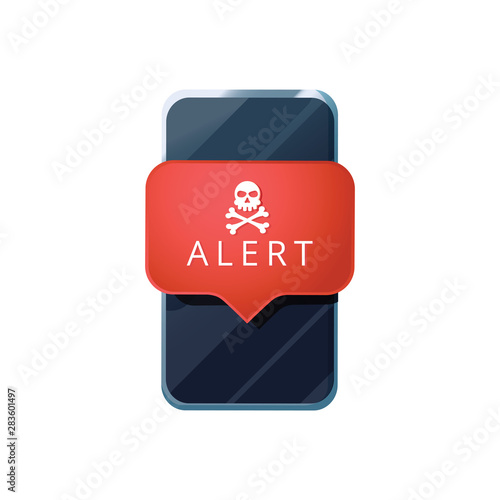 Mobile phone virus alert. Malware smartphone scam phishing security error skull message. Malware notification