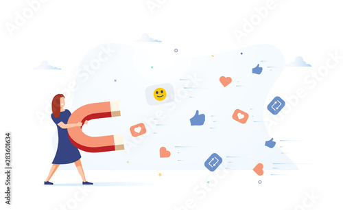 Business woman attracting likes signs with a huge magnet. Social media marketing concept. Modern vector illustration.