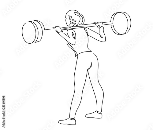 Woman lifting weights continuous one line drawing. Female bodybuilder vector