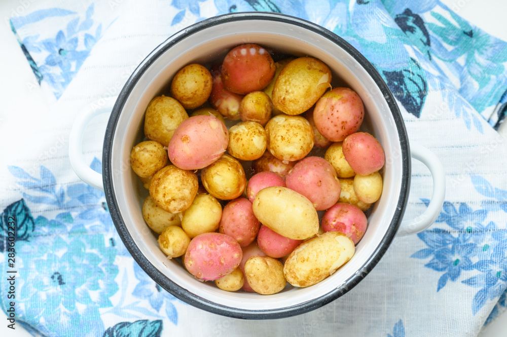 Washed untreated potatoes in water in a saucepan Washed untreated potatoes in water in a saucepan