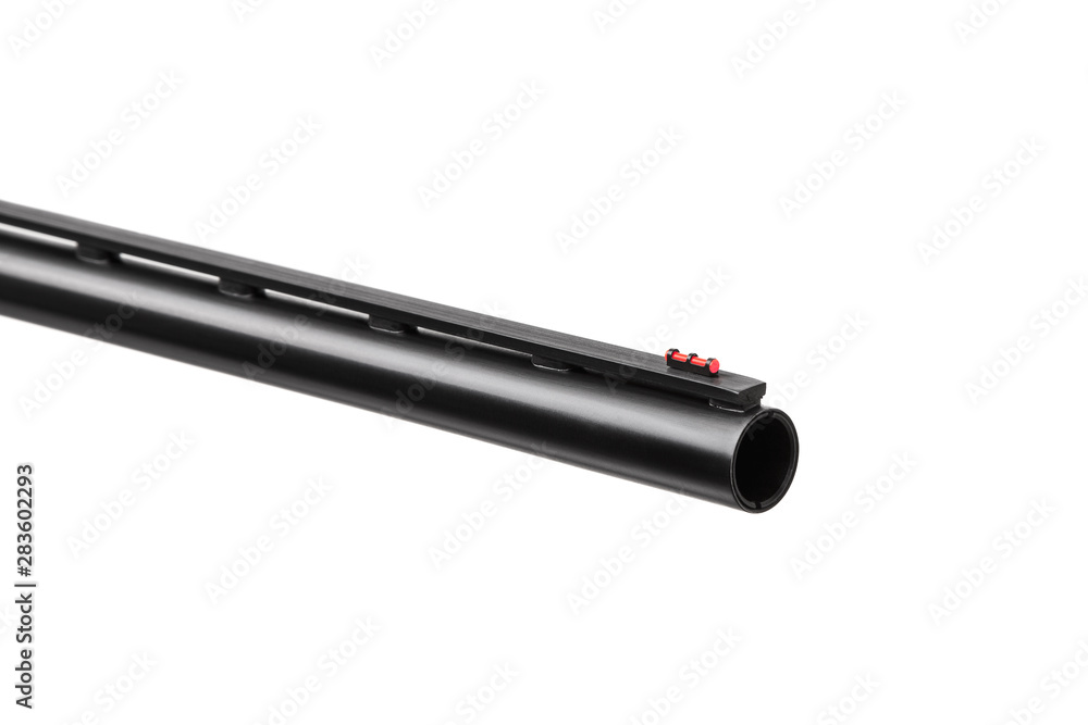 Modern black shotgun isolate on white background. Black semi-automatic shotgun on a light background. Modern black shotgun isolate on white background. Black semi-automatic shotgun on a light background.