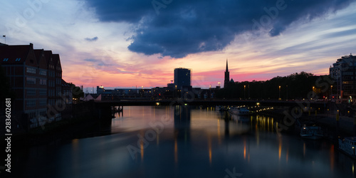 panorama view of the schlachte and   berseestadt in Bremen during blue hour Sunset