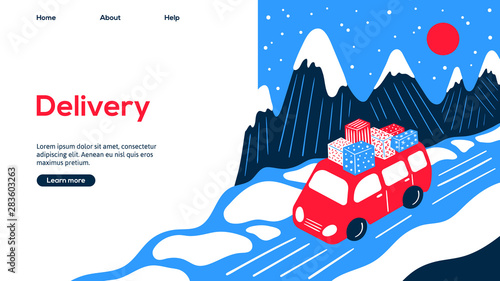 Red car with gifts on rooftop web page design.