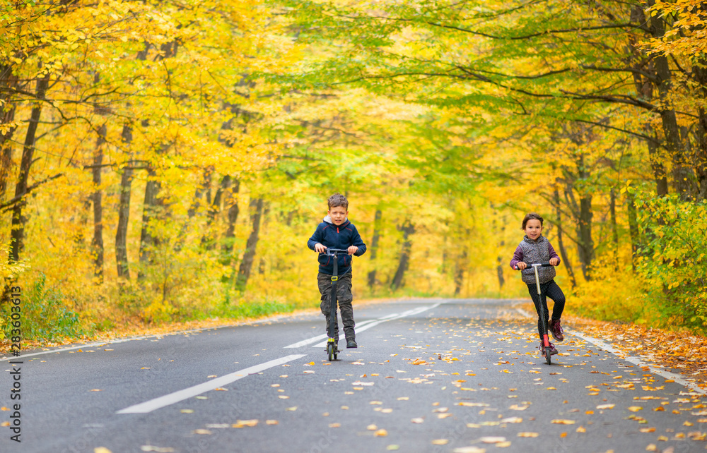 Obraz premium two kids with scooter on the autumn street