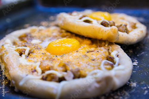 dish top view cooking khachapuri po adzharski photo