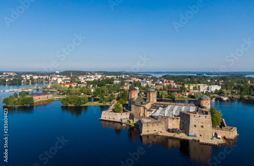 Aerial view of Olavinlinna castle and Savonlinna town in Finland