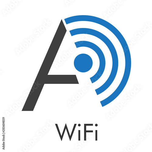 Logotipo abstracto con texto WiFi con letra A con ondas centro en azul y gris