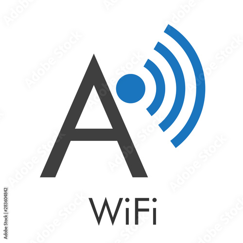 Logotipo abstracto con texto WiFi con letra A con ondas arriba en azul y gris