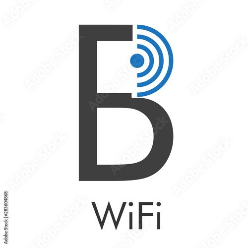 Logotipo abstracto con texto WiFi con letra B con ondas arriba en azul y gris