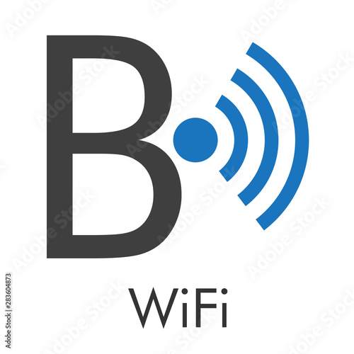 Logotipo abstracto con texto WiFi con letra B con ondas centro en azul y gris